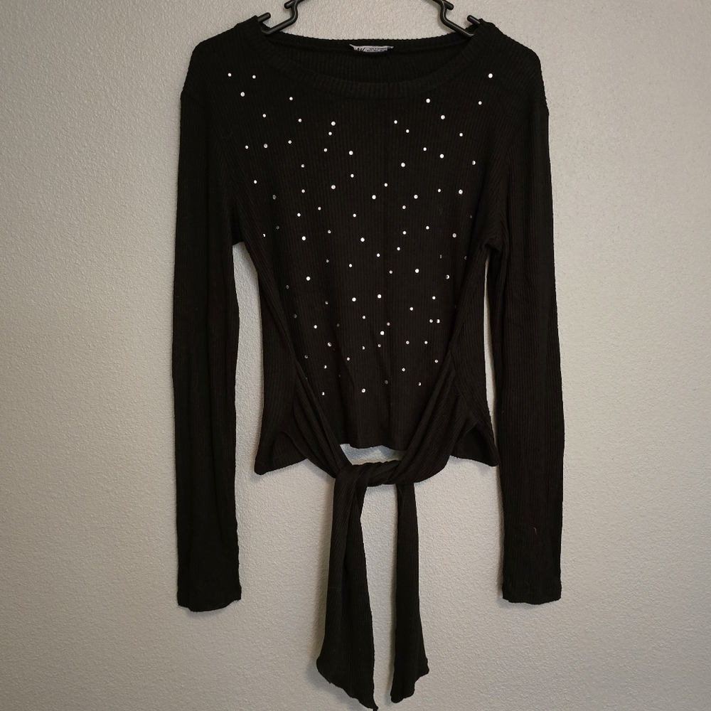 Zara Black Long Sleeve Top with Tie and Crystals